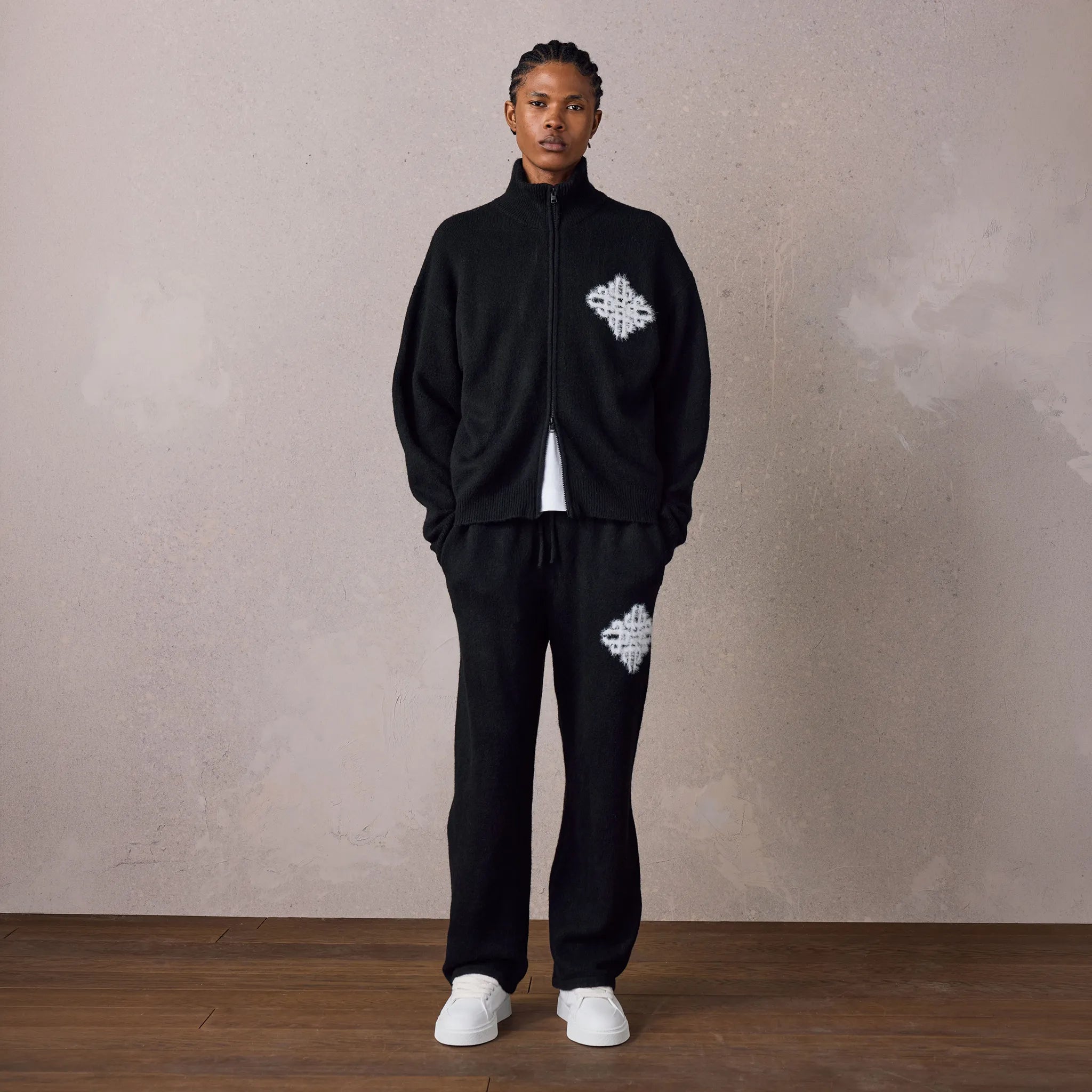 Model View of The Couture Club Fluffy Knit Black Neck Funnel Sweatshirt